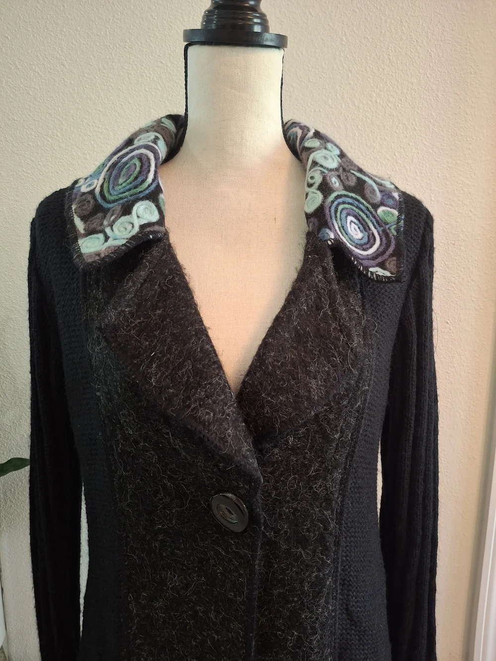 Sioni Black Knit Cardigan with Printed Collar and Cuff Accents
